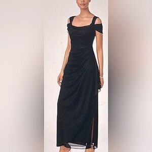 Black glitter with Ruched waistline Dress with Slit